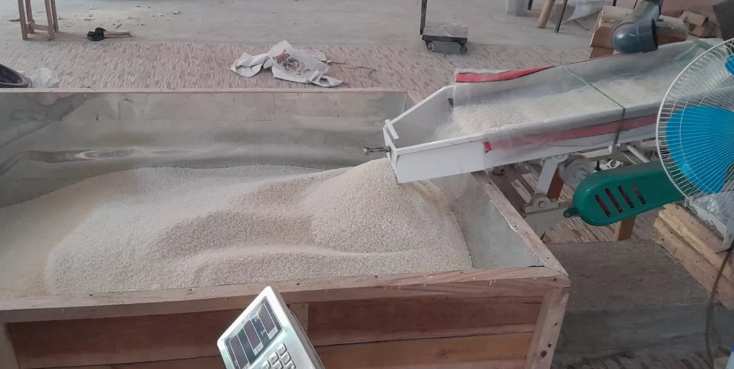 Beras keluar dari ayakan ke bak kayu, dengan timbangan digital